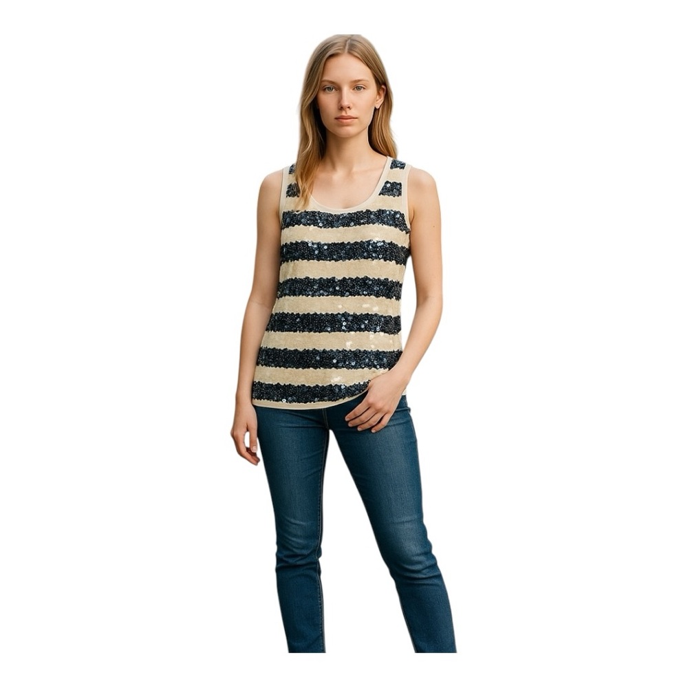 Loft Top Womens Medium Sequin Round Neck Evening Glam Swiftie Striped Party